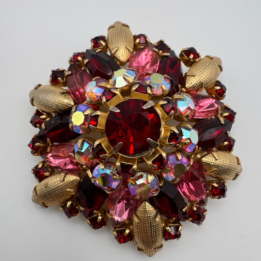 Unusual Construction | Vintage Fushia Red Rhinestone Textured Metal Cap Brooch